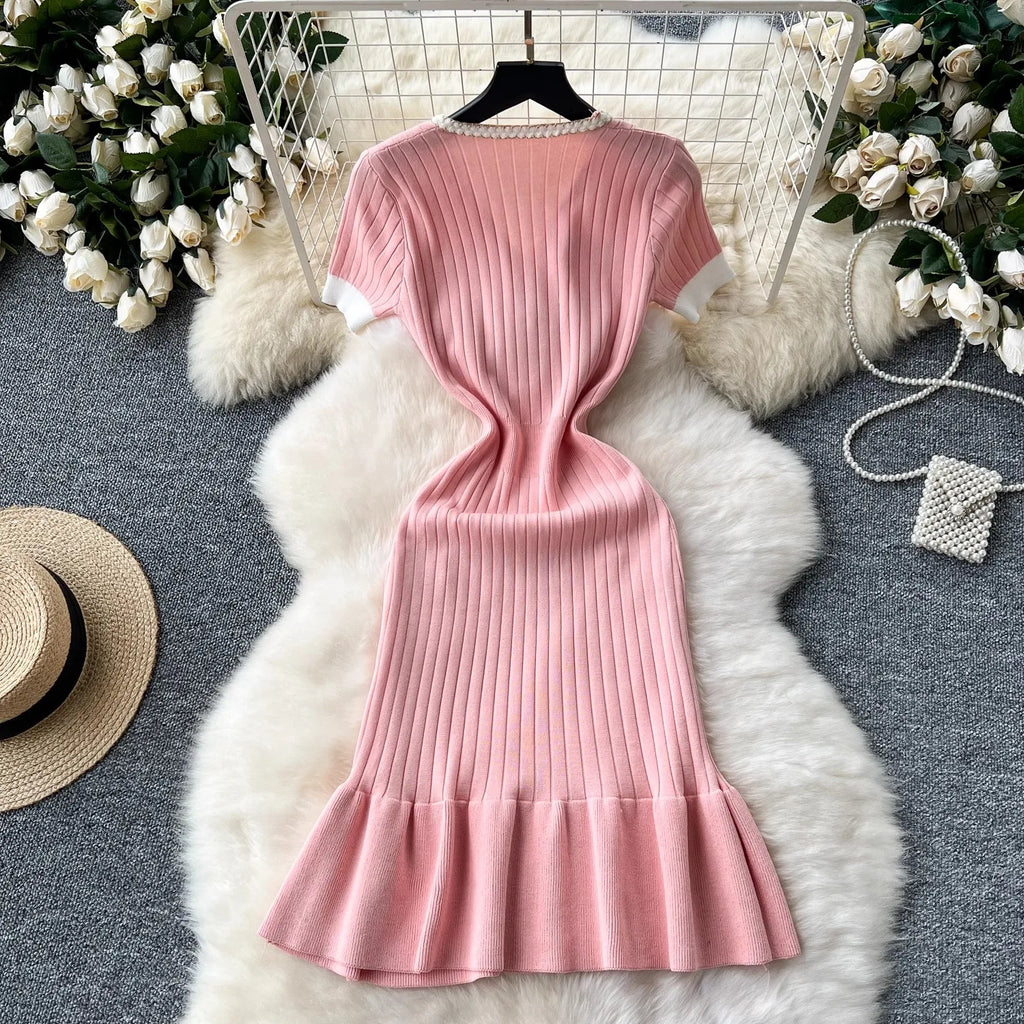 Elegant Knit Mermaid Dress – Slim Fit V-Neck Button Dress