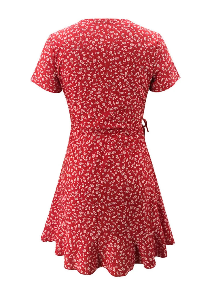 Women Floral V-Neck Ruffle Mini Dress – Elegant A-Line Summer Short Dress