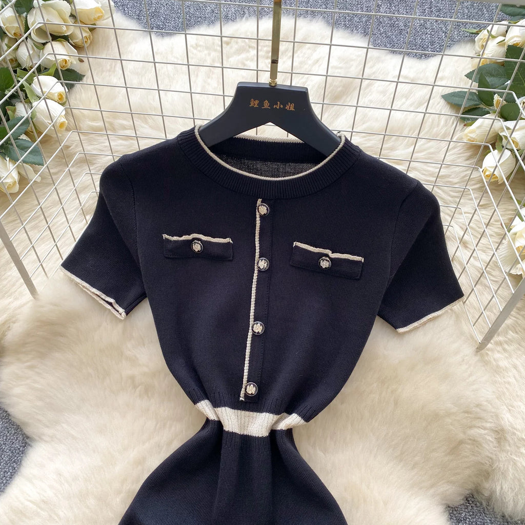 Elegant Knit Bodycon Mini Dress – Short Sleeve Slim Fit Dress
