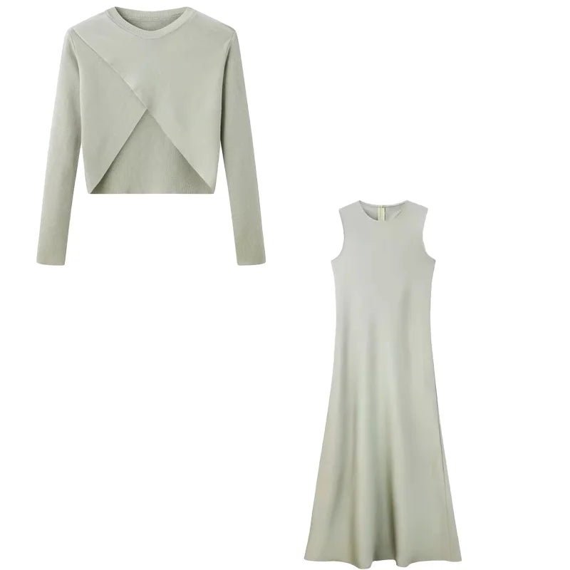 Women Elegant Long Sleeve Maxi Dress Set – Satin Slip Dress with Knit Top Two Piece Outfit