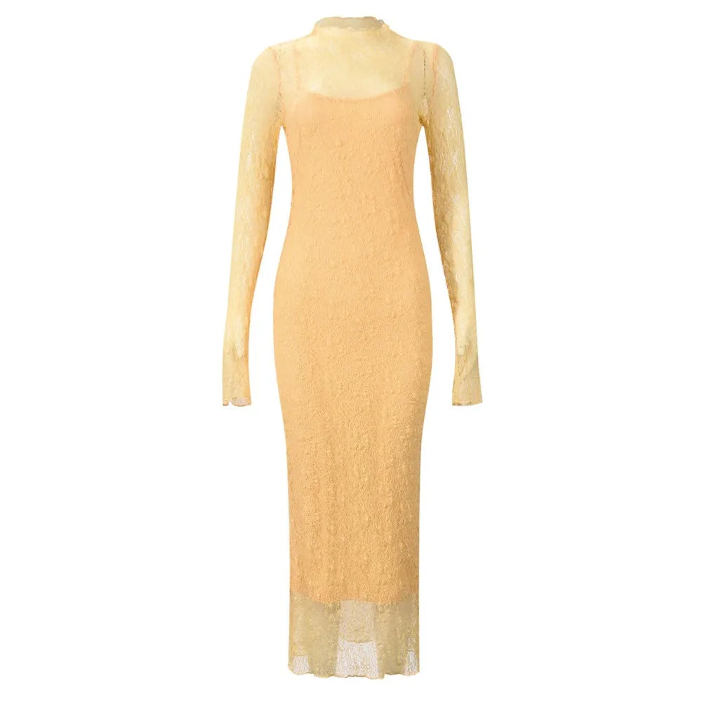 Women Lace Bodycon Maxi Dress – Long Sleeve Sheer Elegant Two Piece Evening Dress