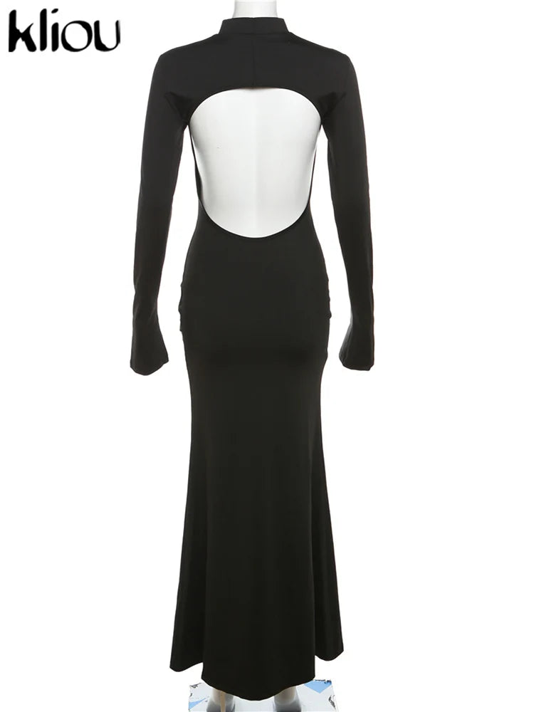 Women's Long Sleeve Bodycon Maxi Dress – Back Cut Out Elegant Evening Party Dress