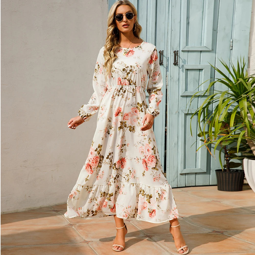 Floral Bohemian Maxi Dress – Elegant Long Sleeve Beach Dress