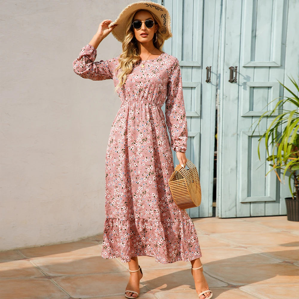 Floral Bohemian Maxi Dress – Elegant Long Sleeve Beach Dress