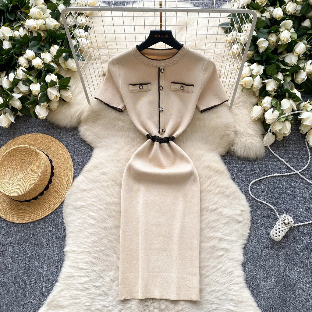 Elegant Knit Bodycon Mini Dress – Short Sleeve Slim Fit Dress