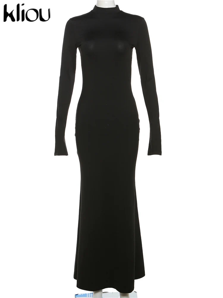 Women's Long Sleeve Bodycon Maxi Dress – Back Cut Out Elegant Evening Party Dress
