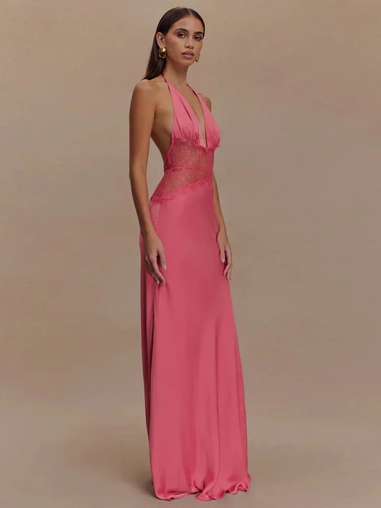Women's White Backless Lace Halter Maxi Dress, Deep V Neck, Elegant Summer Evening Party Dress
