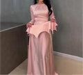 Women Elegant Long Sleeve Maxi Dress – Solid Color Waistband Slim Fit Dress