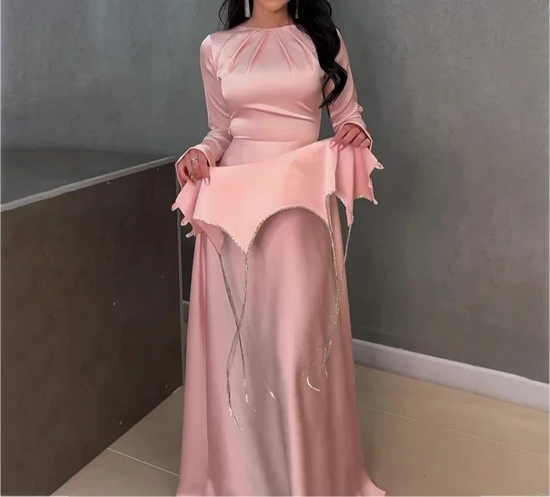 Women Elegant Long Sleeve Maxi Dress – Solid Color Waistband Slim Fit Dress