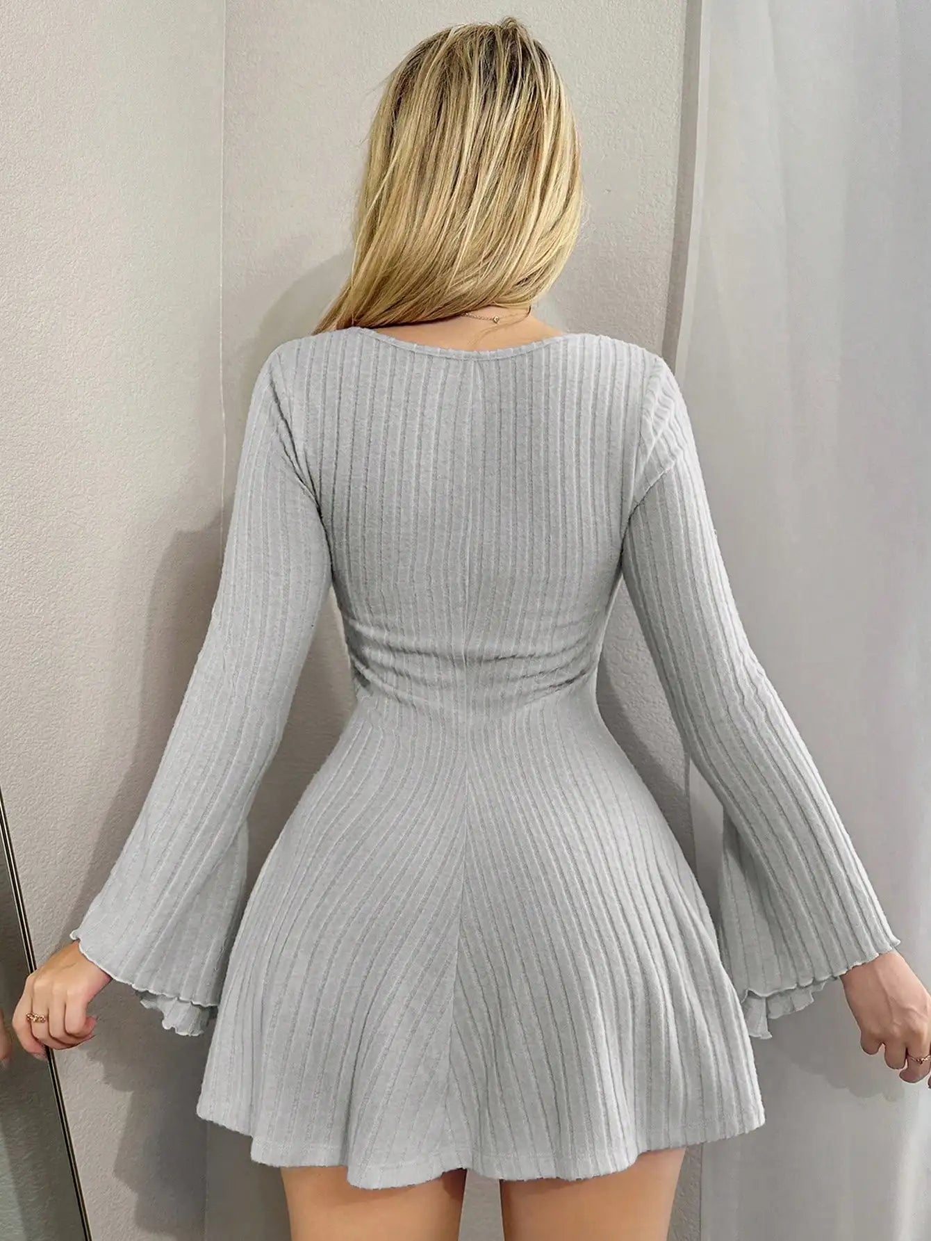 Off-Shoulder Knit Mini Dress – Slim Fit Long Sleeve Dress