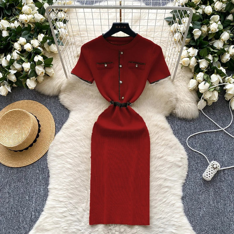 Elegant Knit Bodycon Mini Dress – Short Sleeve Slim Fit Dress