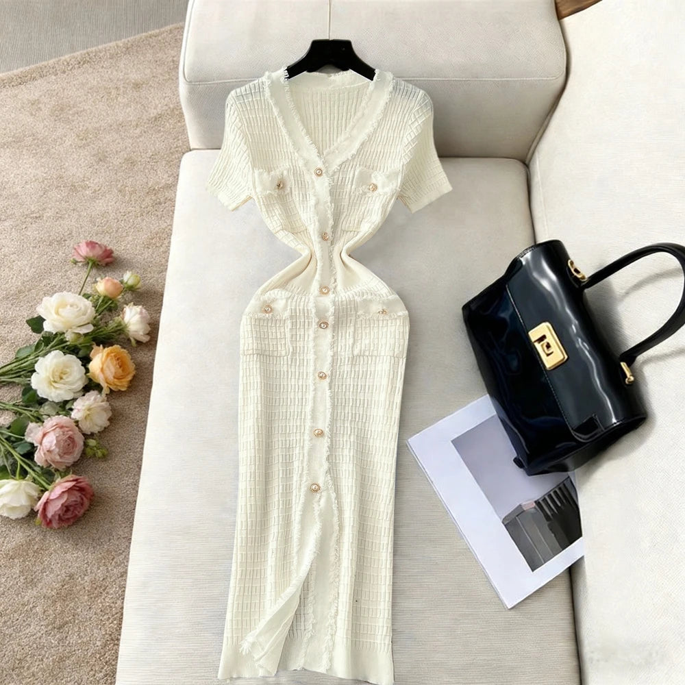 V-Neck Knit Maxi Dress – Elegant Button Detail Dress