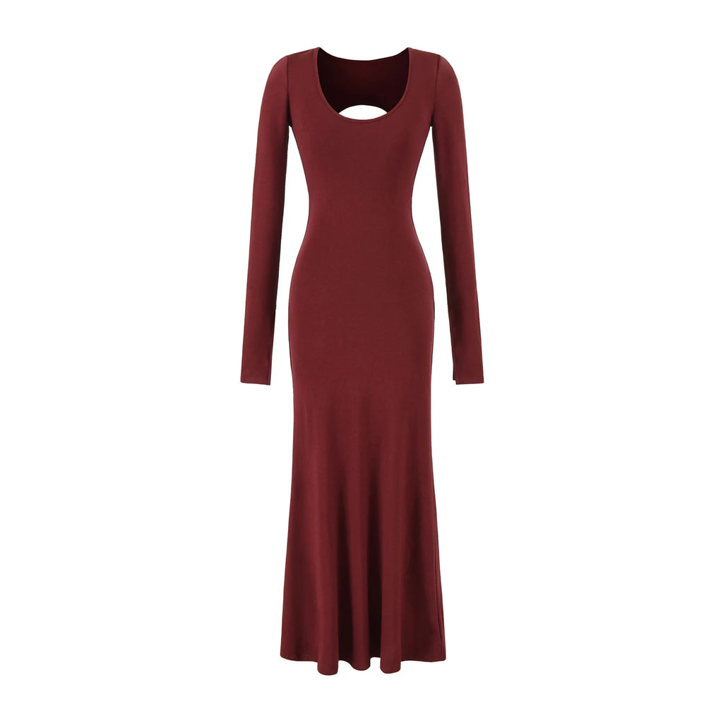 Women's Elegant Long Sleeve Bodycon Midi Dress – Backless High Waist Knit Dress with Slit