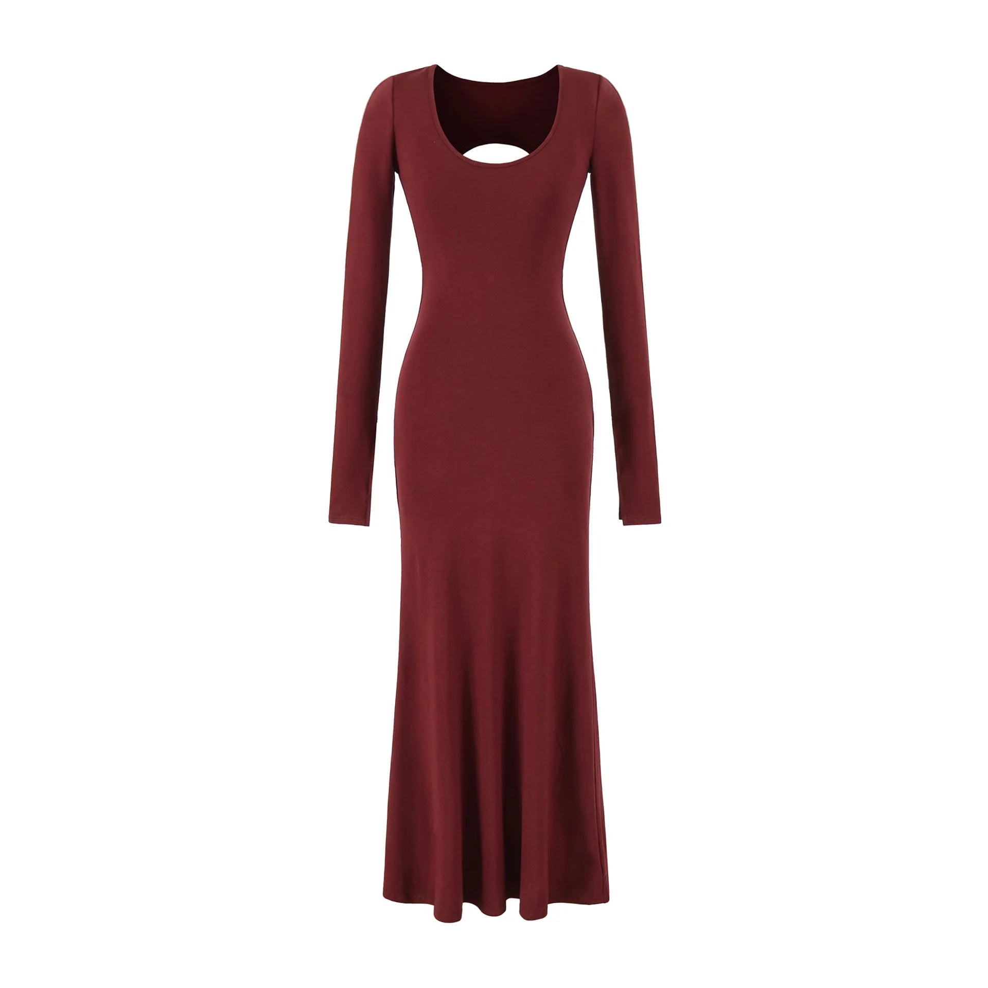 Women's Elegant Long Sleeve Bodycon Midi Dress – Backless High Waist Knit Dress with Slit